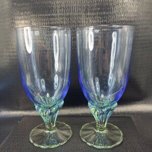 Bormioli Rocco Bahia Glasses Blue Green Stem Glasses Set 2 Goblets Cups Vintage